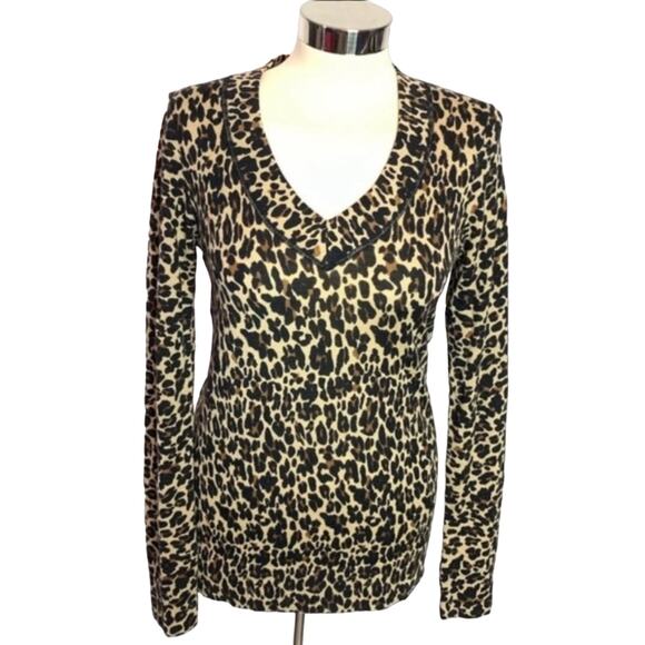 Tory Burch merino wool leopard print v-neck sweater Sz S - Picture 1 of 6